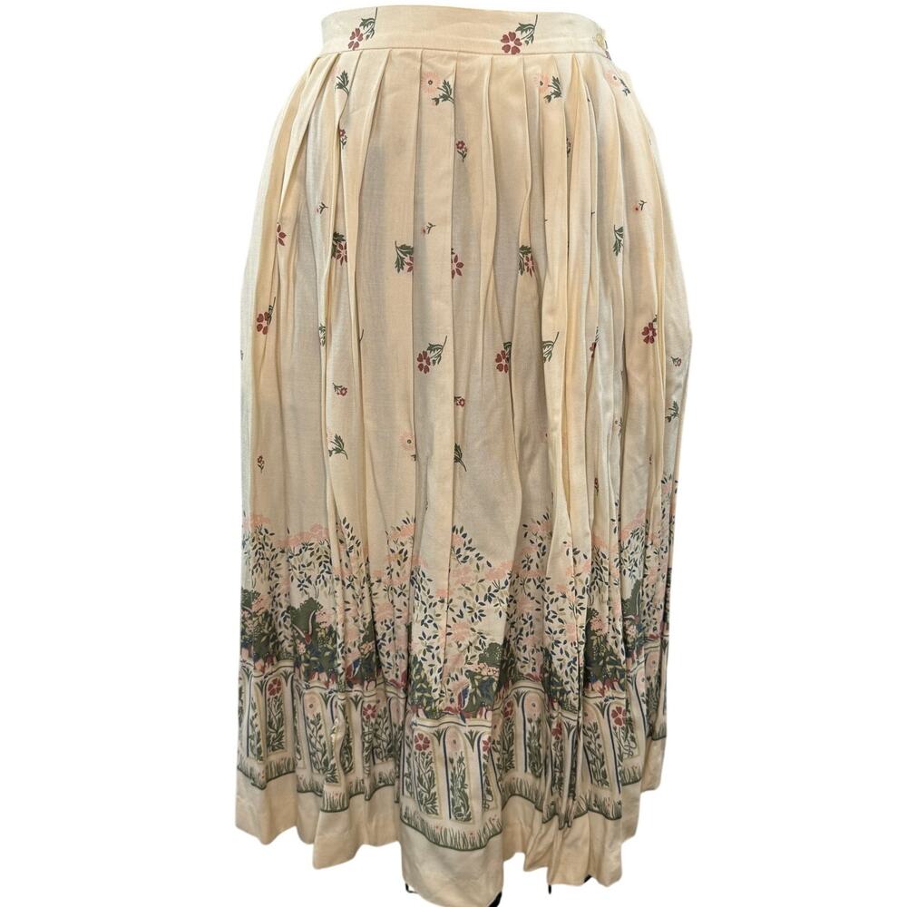 Vintage Country Casuals Beige Maxi Skirt Floral Pleated Side Cottage Core Siz 12